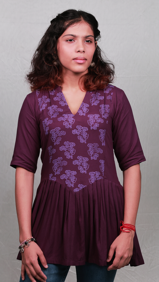 The 'Dancing Lady' Pleated Peplum Tunic - Fitted, Viscose, Purple
