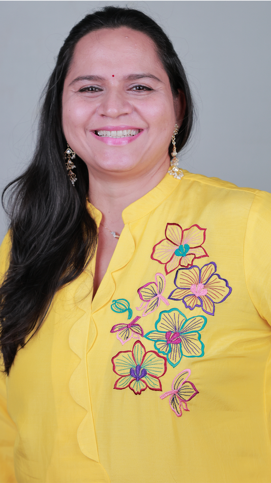 The 'Phalaenopsis' Embroidered Muslin Suit Set - Lemon Yellow Comfort Fit