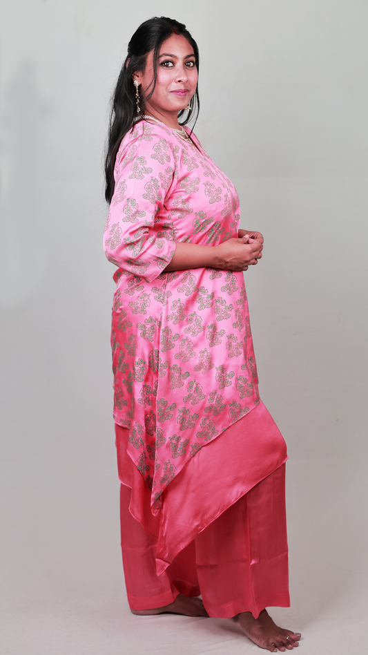 Asymmetric Satin Kurta Set - Comfort, Viscose, Peach