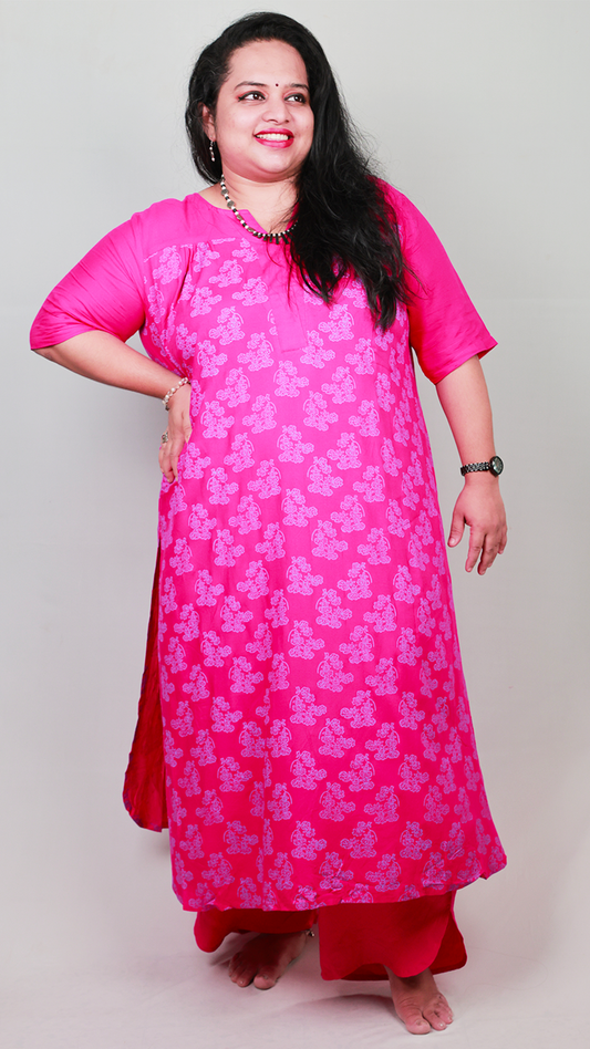 Oncidium Bloom Kurta Set - Comfort, Viscose, Fuchisa