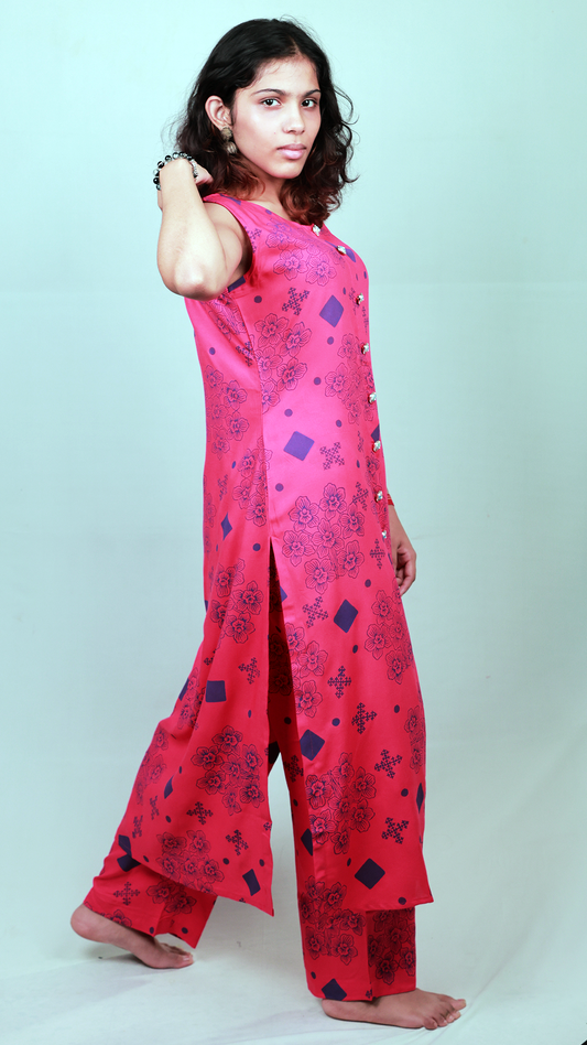 The 'Phalaenopsis' Mixed-Print Tunic Set - Fitted, Pink