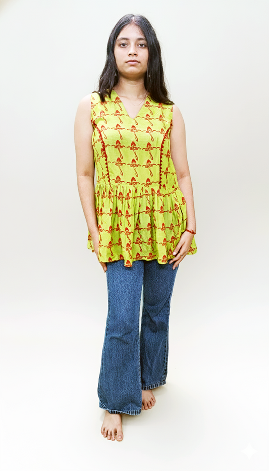 The 'Bulbophyllum' Peplum Top - Relaxed Fit, Muslin, Lemon Green