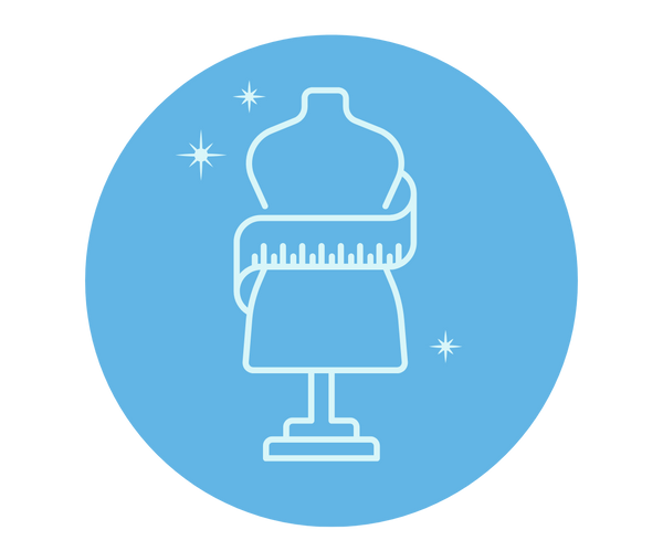 Outline of a mannequin with a scarf on a blue circle background, indicating inclusivity for all sizes.