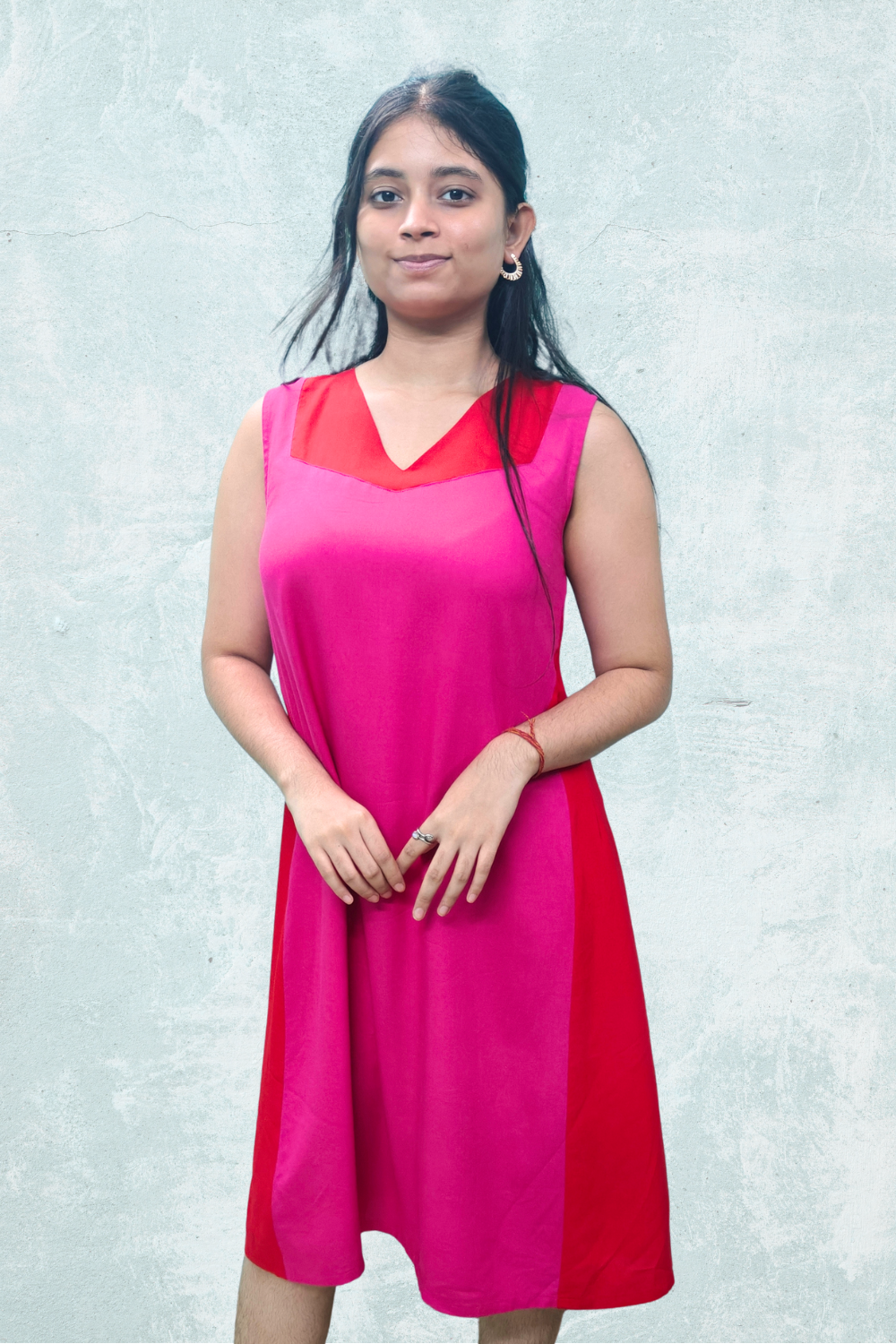 Fuchsia & Red Colour Block Midi Dress