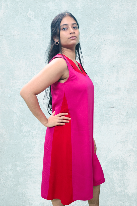 Fuchsia & Red Colour Block Midi Dress