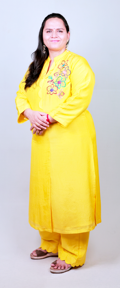 The 'Phalaenopsis' Embroidered Muslin Suit Set - Lemon Yellow Comfort Fit