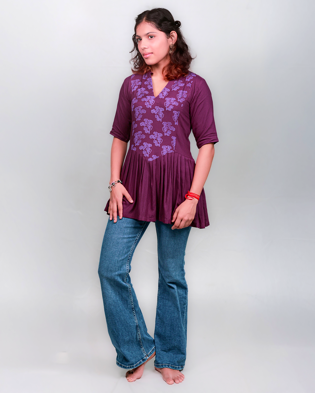 The 'Dancing Lady' Pleated Peplum Tunic - Fitted, Viscose, Purple