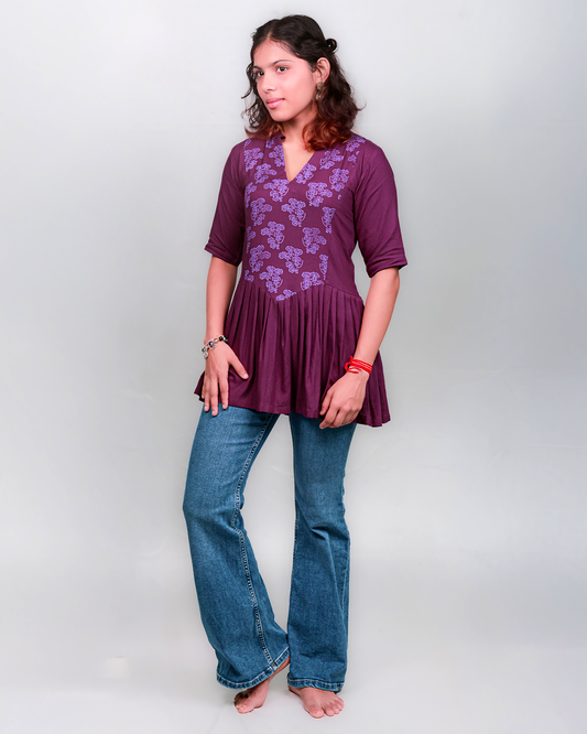 The 'Dancing Lady' Pleated Peplum Tunic - Fitted, Viscose, Purple