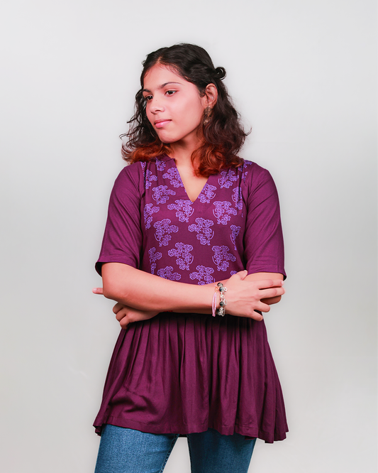 The 'Dancing Lady' Pleated Peplum Tunic - Fitted, Viscose, Purple