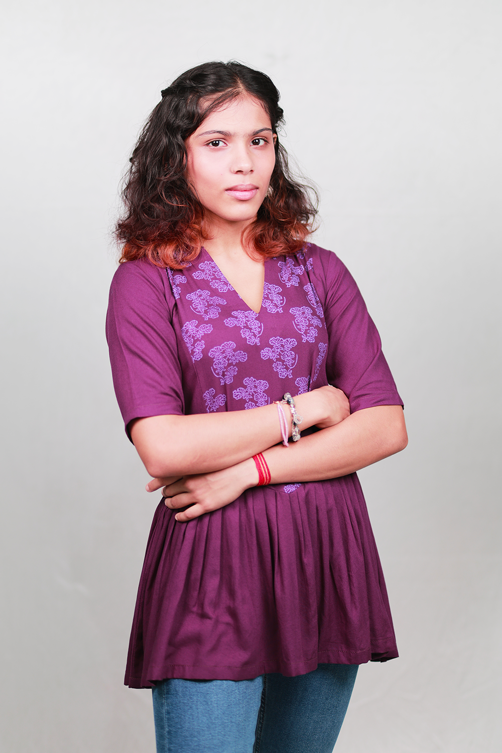 The 'Dancing Lady' Pleated Peplum Tunic - Fitted, Viscose, Purple