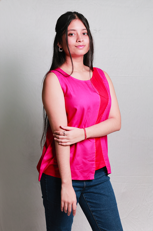 The Colour-Block Viscose Top - Fuchsia & Red