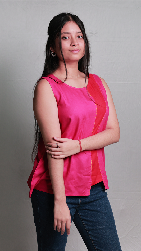 The Colour-Block Viscose Top - Fuchsia & Red