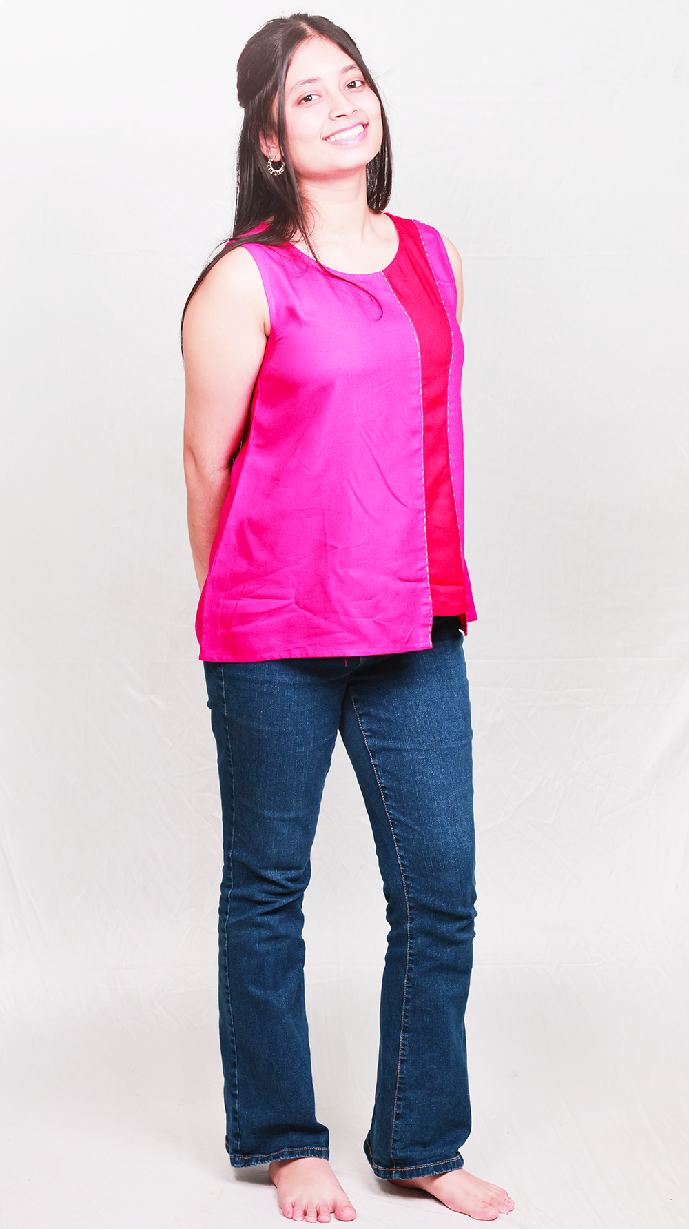 The Colour-Block Viscose Top - Fuchsia & Red