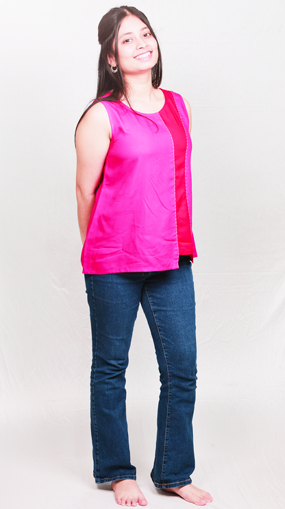 The Colour-Block Viscose Top - Fuchsia & Red