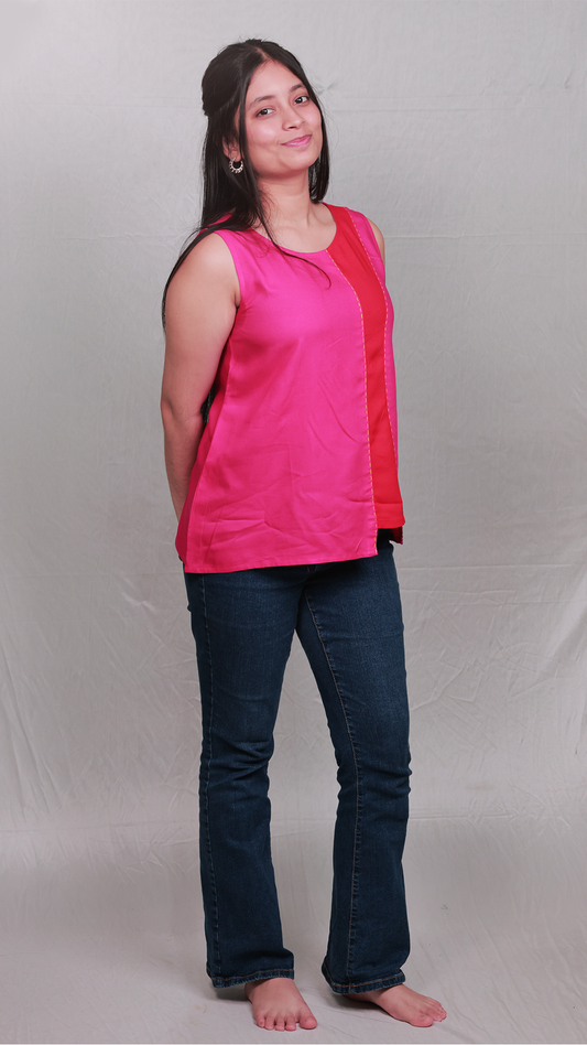 The Colour-Block Viscose Top - Fuchsia & Red