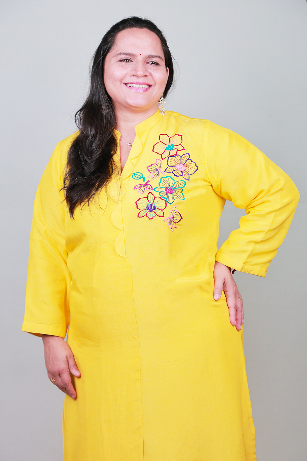 The 'Phalaenopsis' Embroidered Muslin Suit Set - Lemon Yellow Comfort Fit