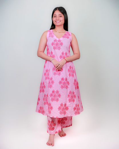 The 'Phalaenopsis' A-Line Suit Set - Fitted, 100% Cotton, Baby Pink