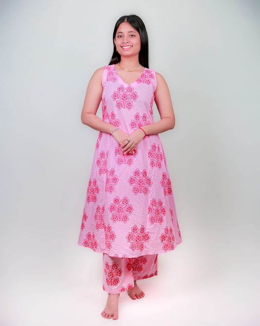 The 'Phalaenopsis' A-Line Suit Set - Fitted, 100% Cotton, Baby Pink