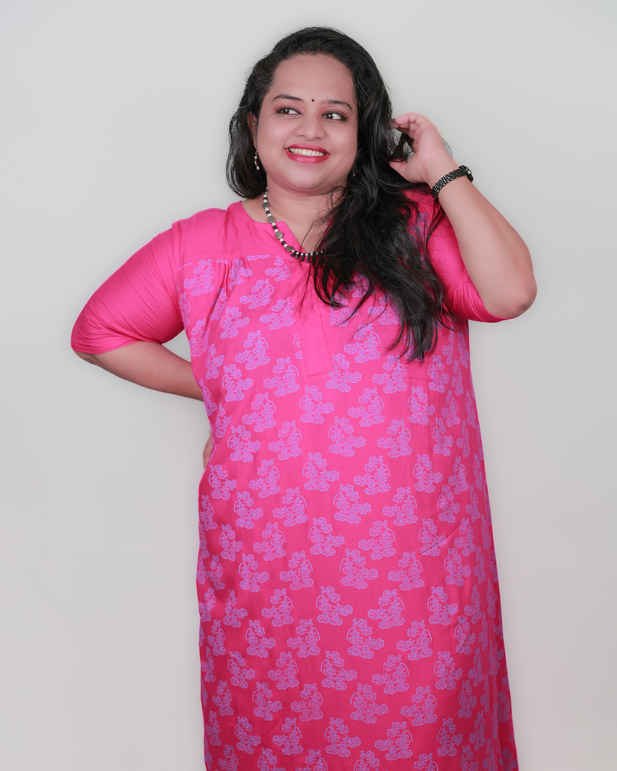 Oncidium Bloom Kurta Set - Comfort, Viscose, Fuchisa