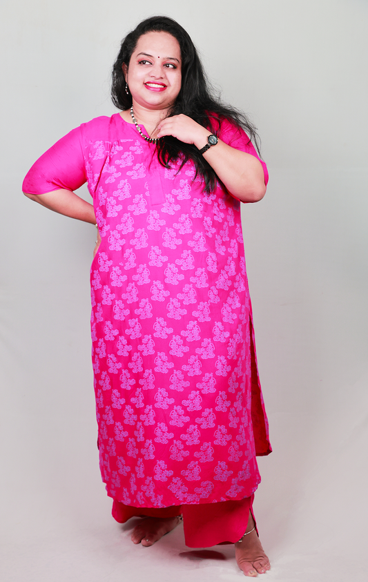 Oncidium Bloom Kurta Set - Comfort, Viscose, Fuchisa