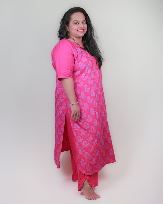 Oncidium Bloom Kurta Set - Comfort, Viscose, Fuchisa