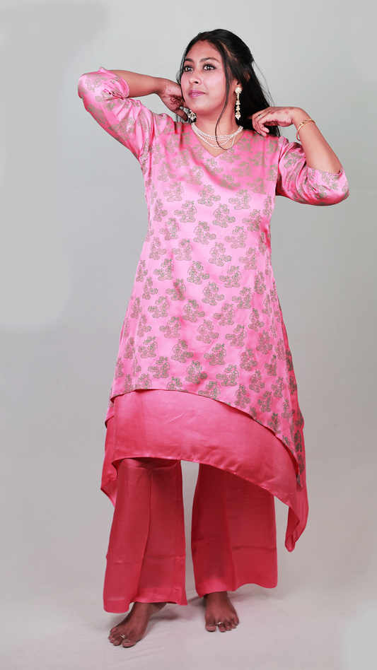 Asymmetric Satin Kurta Set - Comfort, Viscose, Peach