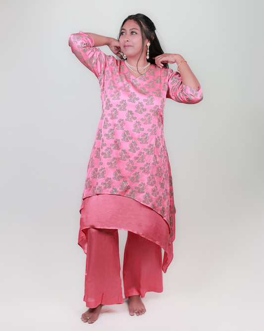 Asymmetric Satin Kurta Set - Comfort, Viscose, Peach