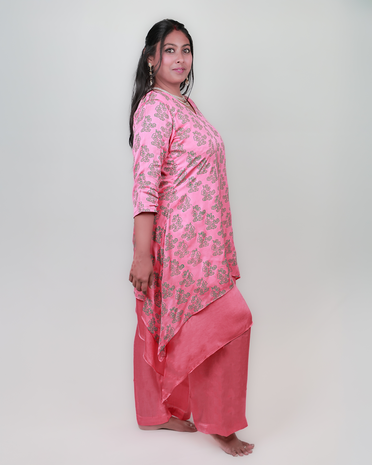 Asymmetric Satin Kurta Set - Comfort, Viscose, Peach