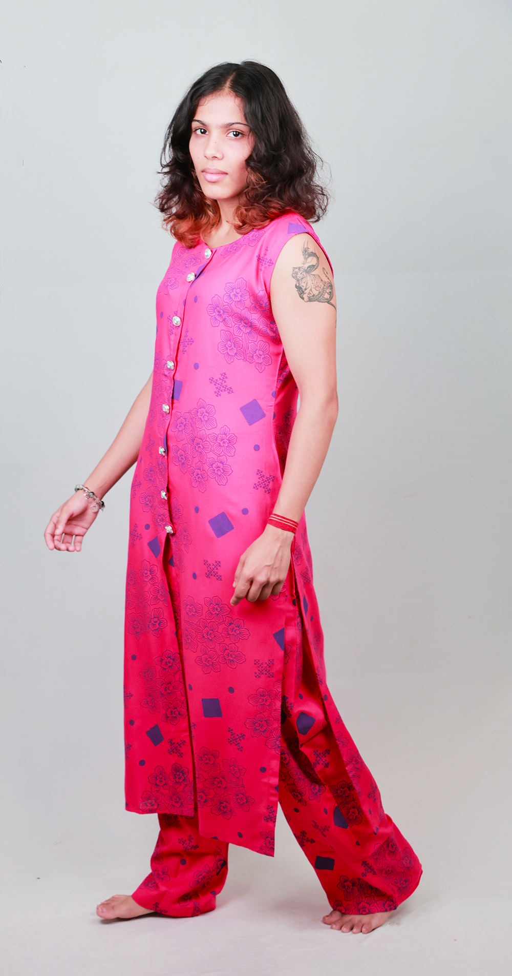 The 'Phalaenopsis' Mixed-Print Tunic Set - Fitted, Pink