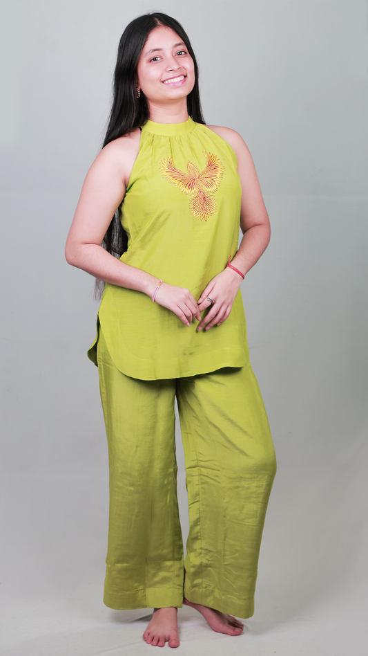 The 'Egret Orchid' Halter Palazzo Set - Comfort Fit, Lemon Green