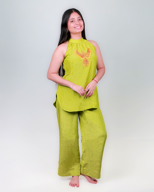 The 'Egret Orchid' Halter Palazzo Set - Comfort Fit, Lemon Green