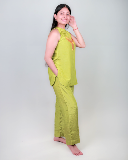 The 'Egret Orchid' Halter Palazzo Set - Comfort Fit, Lemon Green