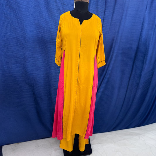 Mustard & Pink Viscose Cotton Kali Suit Set – Comfort Fit, Color Blocked, 2-Piece (Top & Bottom)