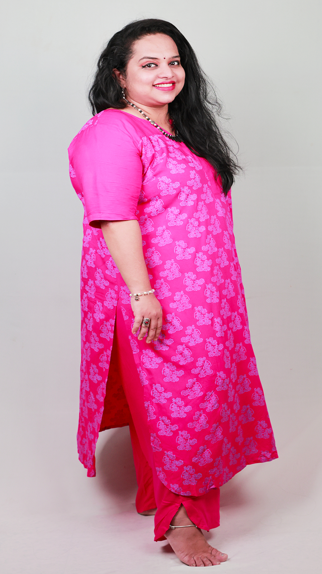 Oncidium Bloom Kurta Set - Comfort, Viscose, Fuchisa