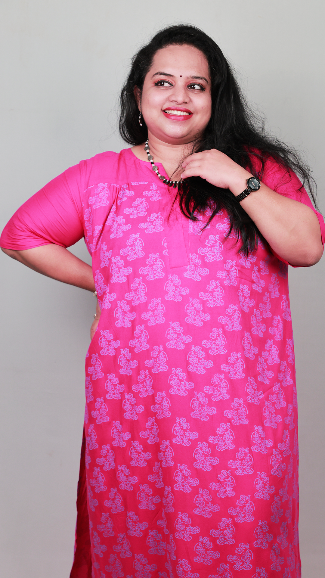 Oncidium Bloom Kurta Set - Comfort, Viscose, Fuchisa