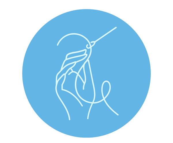 Logo with a hand holding a thread and needle against a blue circle showing the 'Weaved With Care By Indian Artisans' value