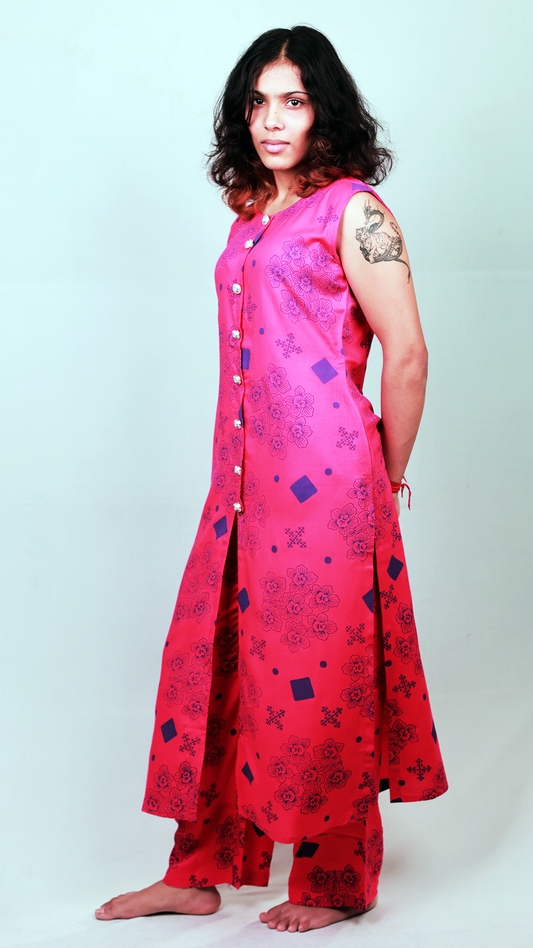 The 'Phalaenopsis' Mixed-Print Tunic Set - Fitted, Pink