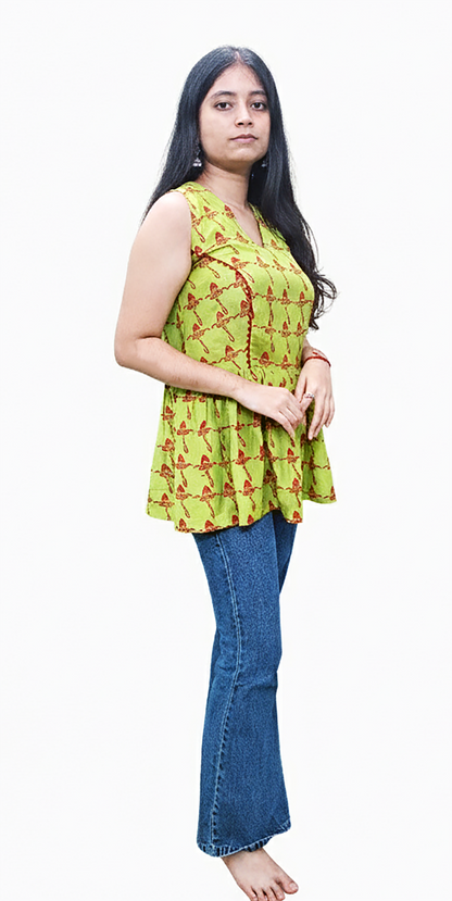 The 'Bulbophyllum' Peplum Top - Relaxed Fit, Muslin, Lemon Green
