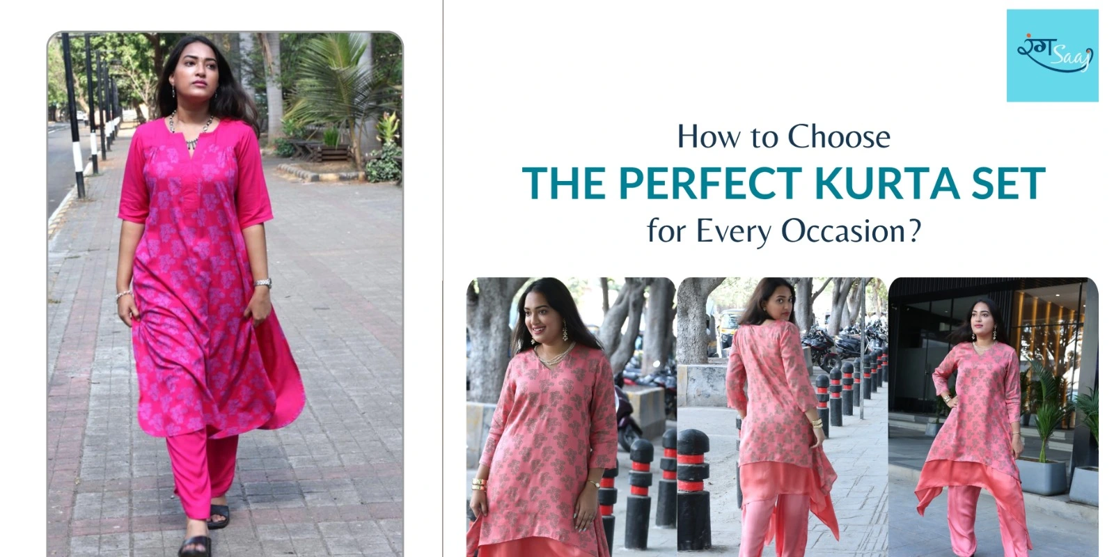 Woman wearing a stylish handcrafted kurta set for festive and casual occasions by The Rang Saaj.