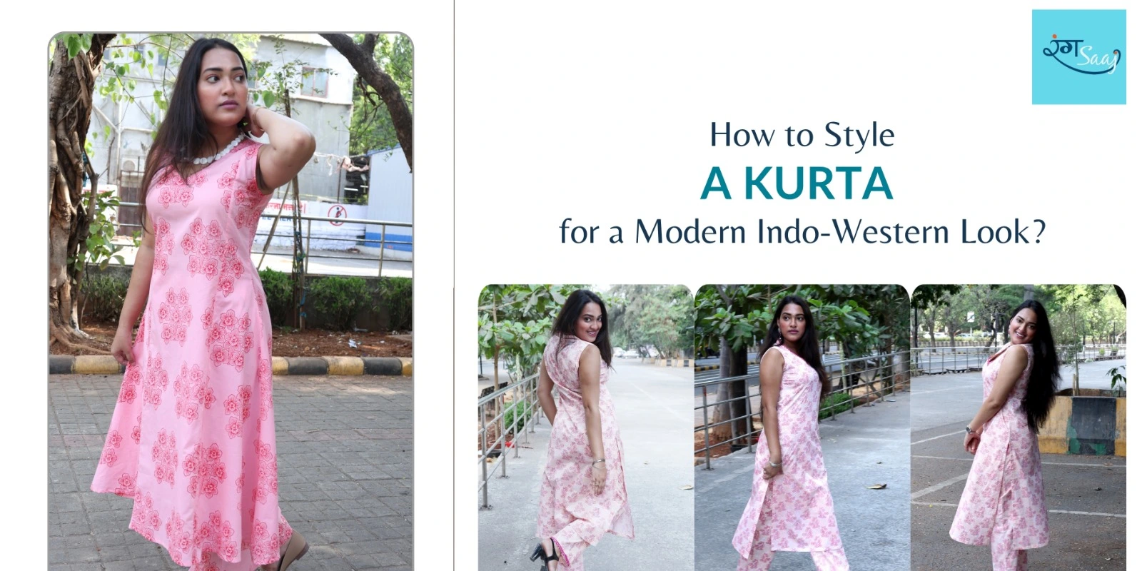 Woman styling a modern Indo-Western outfit with a fashionable kurta and contemporary accessories by The Rang Saaj.